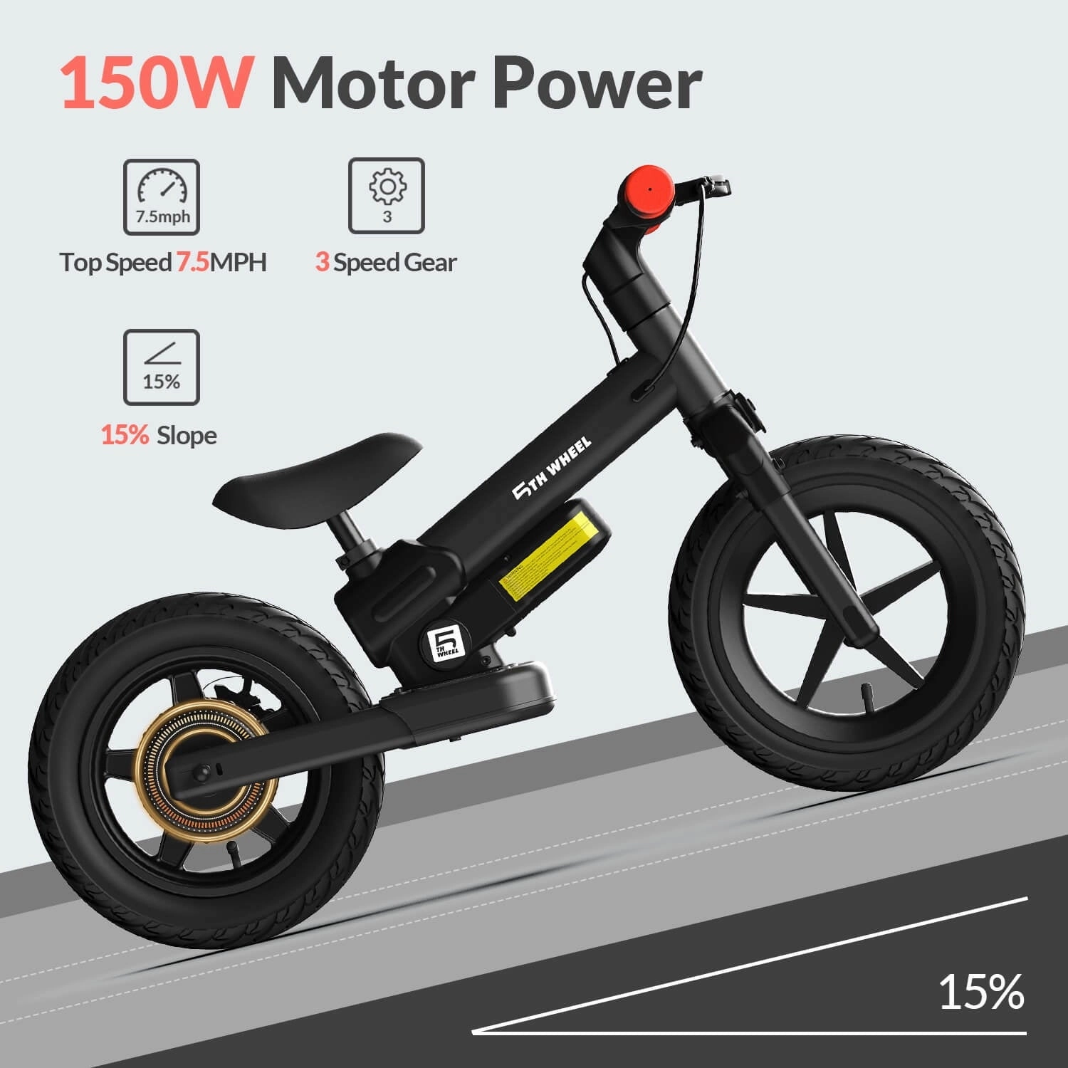 5Th Wheel KB09 150W Electric Balance Bike for Kids, Black - 12" Pneumatic Tire with Dual Brake