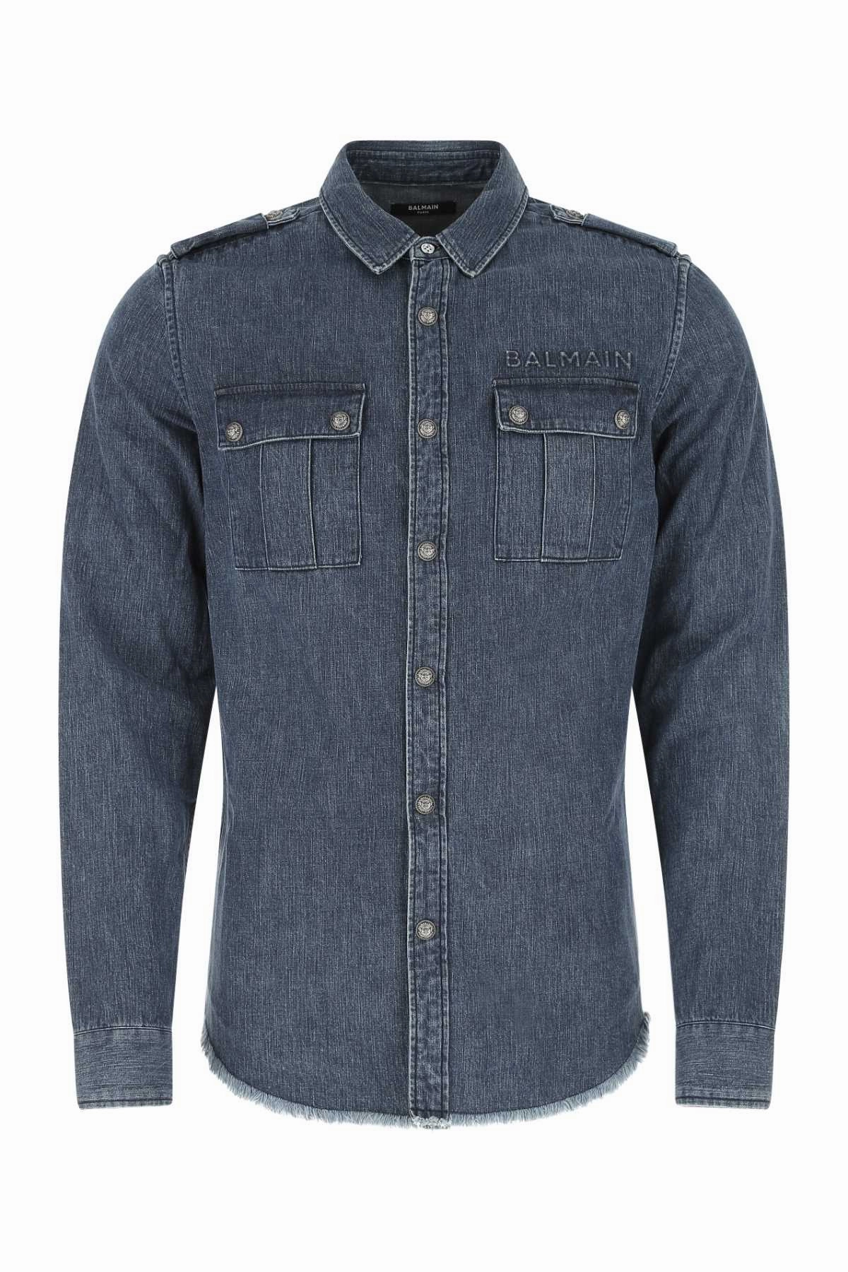 Balmain Logo Embossed Denim Shirt