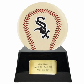 Baseball Cremation Urn with Optional Ivory Chicago White Sox Ball Decor and Custom Metal Plaque