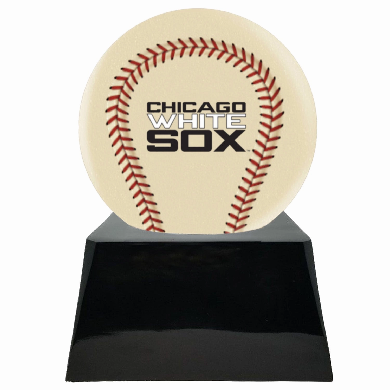 Baseball Cremation Urn with Optional Ivory Chicago White Sox Ball Decor and Custom Metal Plaque