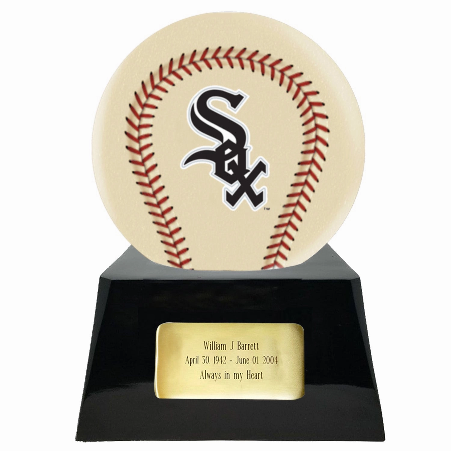 Baseball Cremation Urn with Optional Ivory Chicago White Sox Ball Decor and Custom Metal Plaque