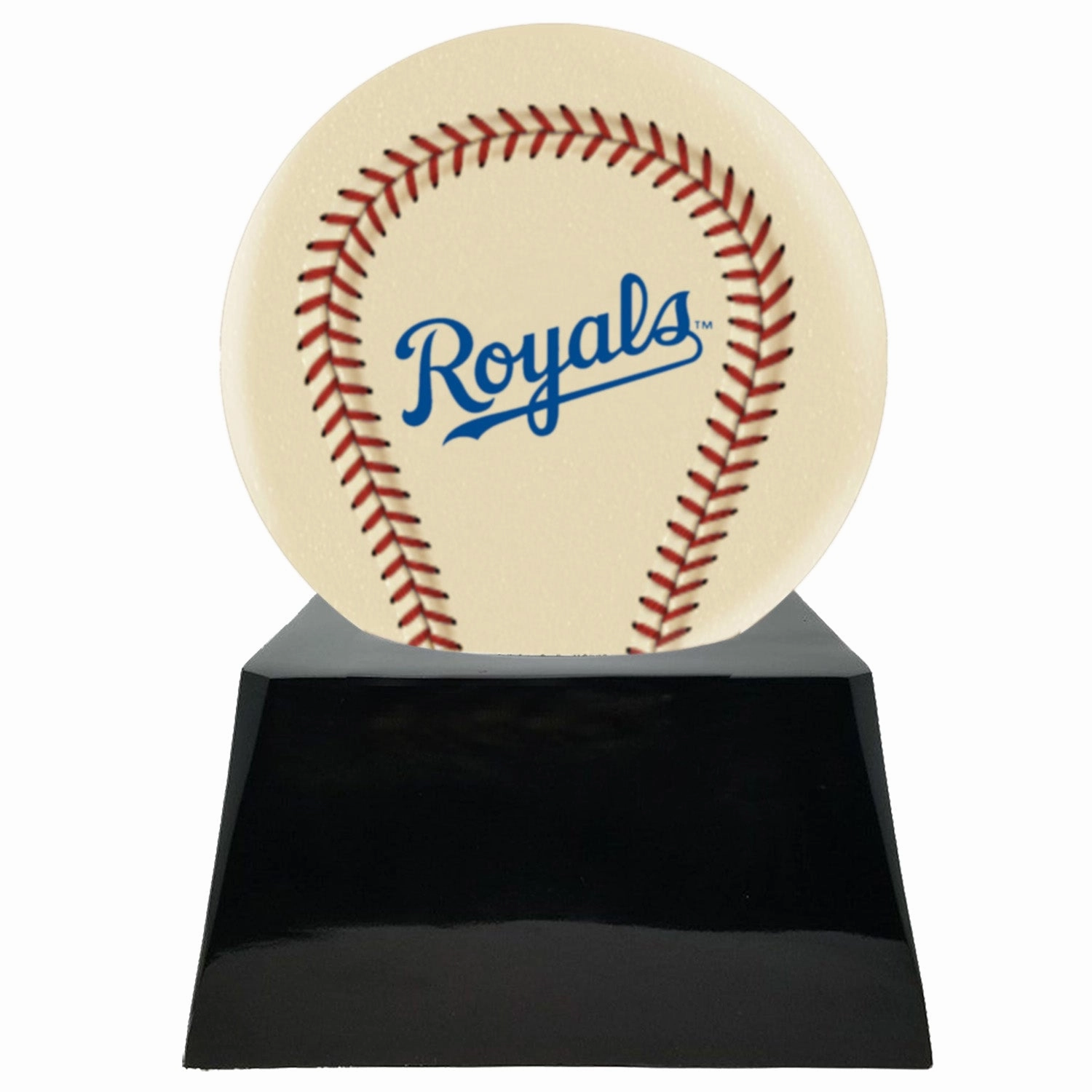 Baseball Cremation Urn with Optional Ivory Kansas City Royals Ball Decor and Custom Metal Plaque