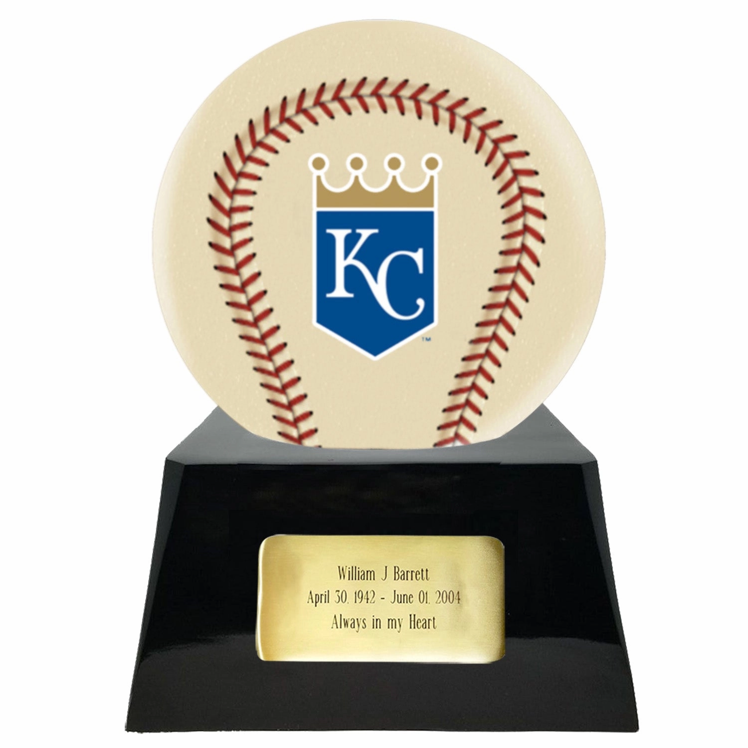 Baseball Cremation Urn with Optional Ivory Kansas City Royals Ball Decor and Custom Metal Plaque