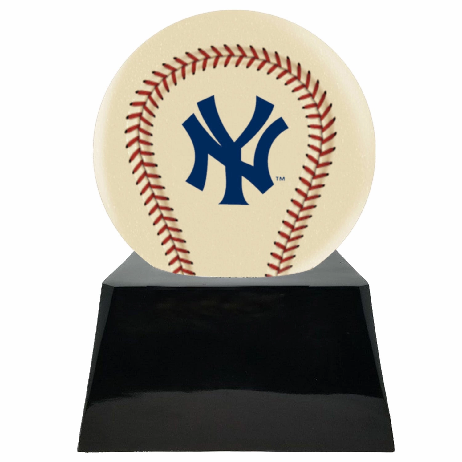Baseball Cremation Urn with Optional Ivory New York Yankees Ball Decor and Custom Metal Plaque