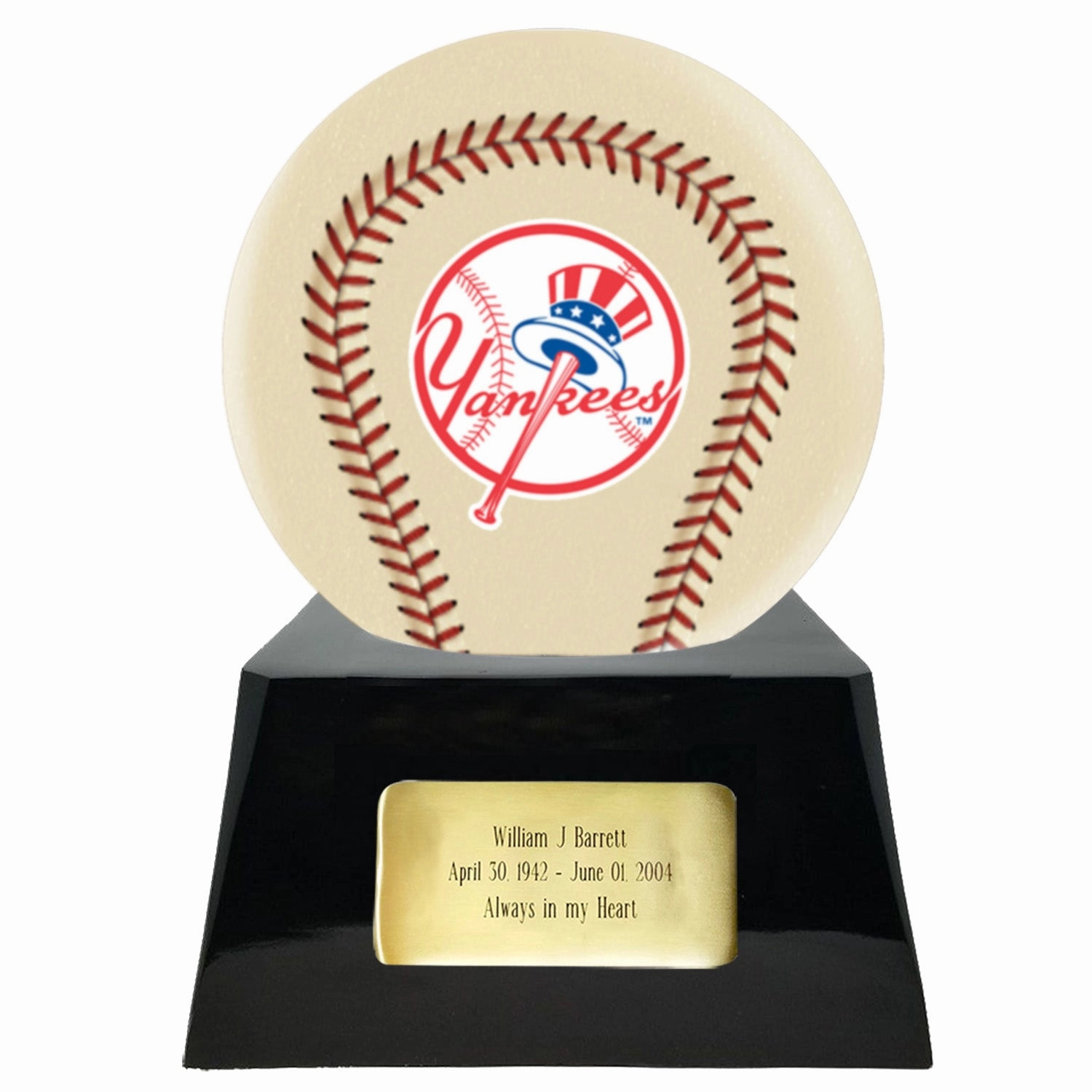 Baseball Cremation Urn with Optional Ivory New York Yankees Ball Decor and Custom Metal Plaque