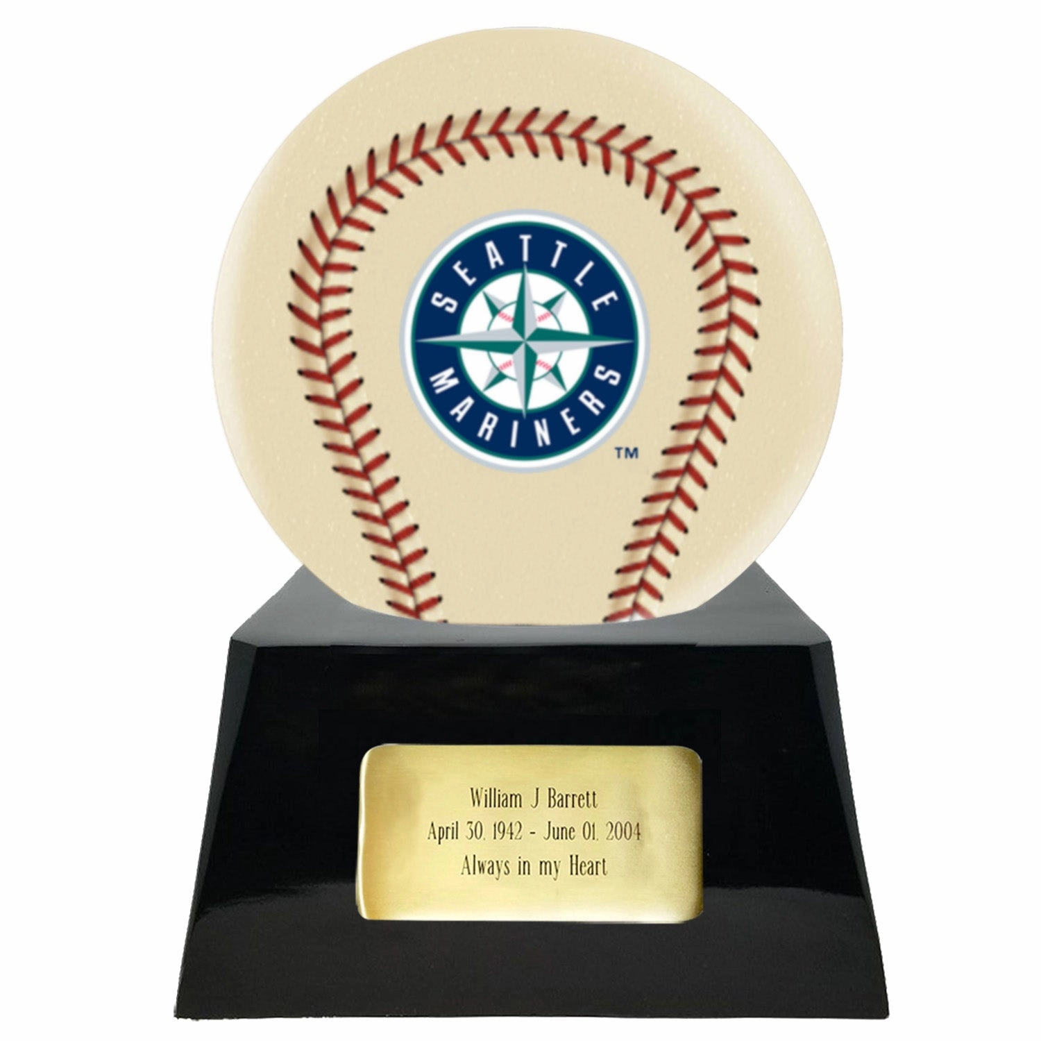 Baseball Cremation Urn with Optional Ivory Seattle Mariners Ball Decor and Custom Metal Plaque