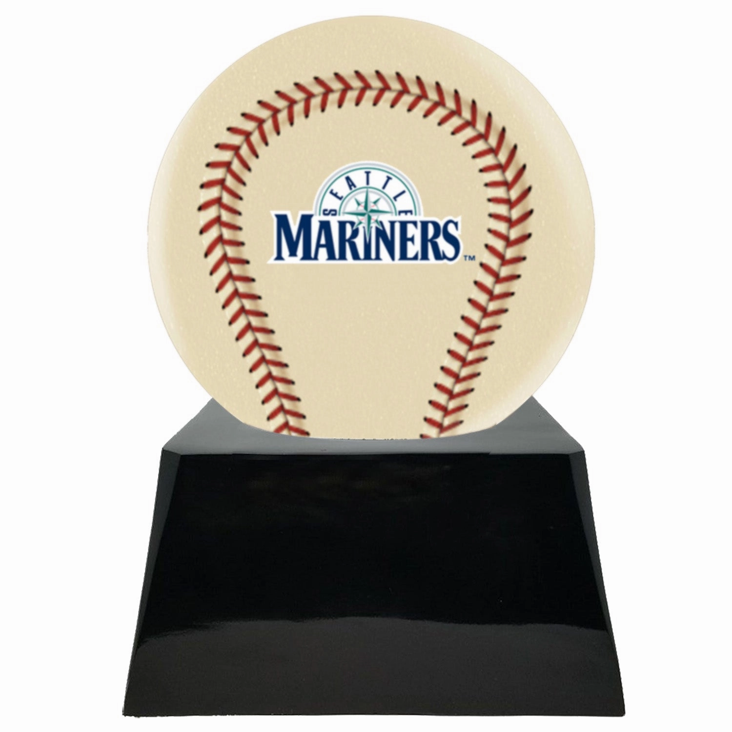 Baseball Cremation Urn with Optional Ivory Seattle Mariners Ball Decor and Custom Metal Plaque