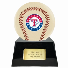 Baseball Cremation Urn with Optional Ivory Texas Rangers Ball Decor and Custom Metal Plaque