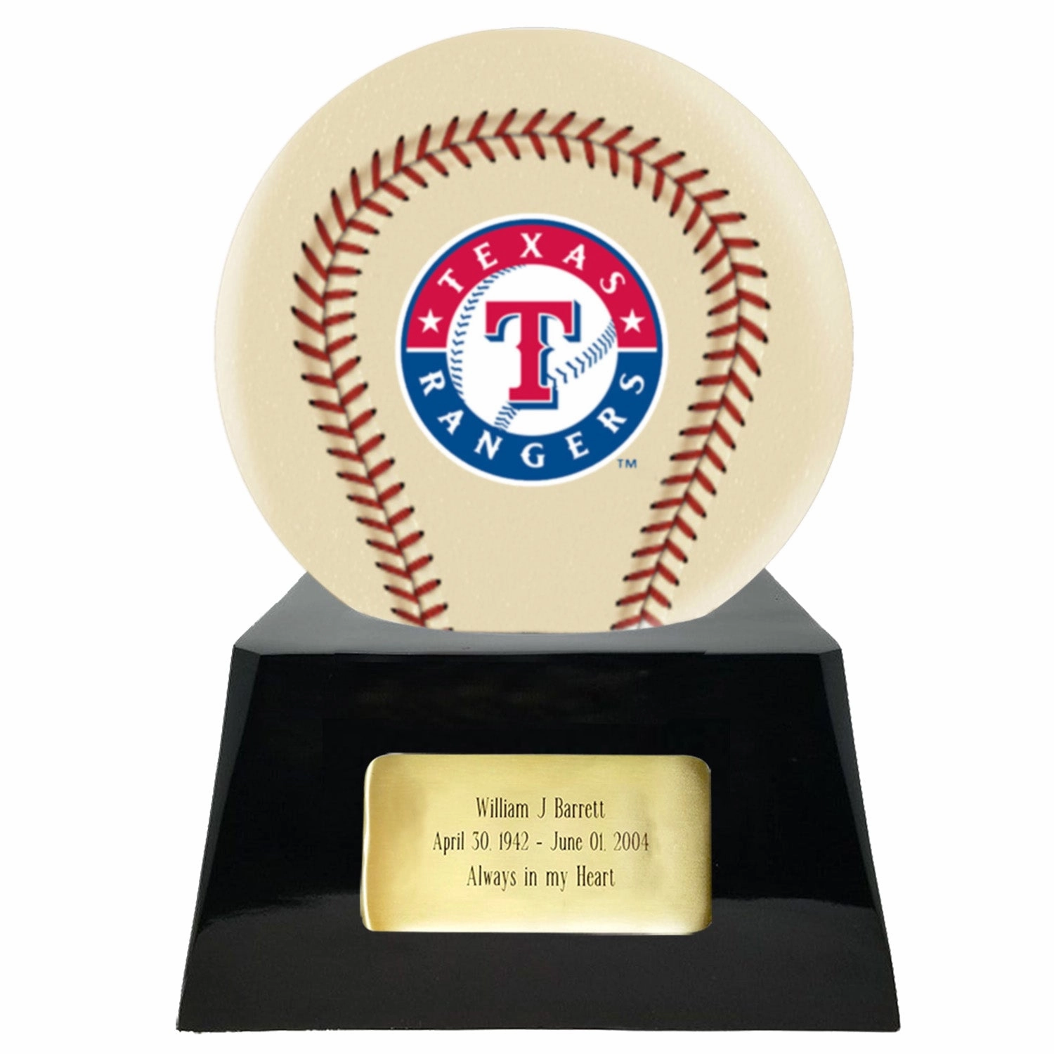 Baseball Cremation Urn with Optional Ivory Texas Rangers Ball Decor and Custom Metal Plaque