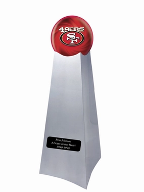 Championship Trophy Cremation Urn with Optional Football and Sanfrancisco 49ERS Ball Decor and Custom Metal Plaque