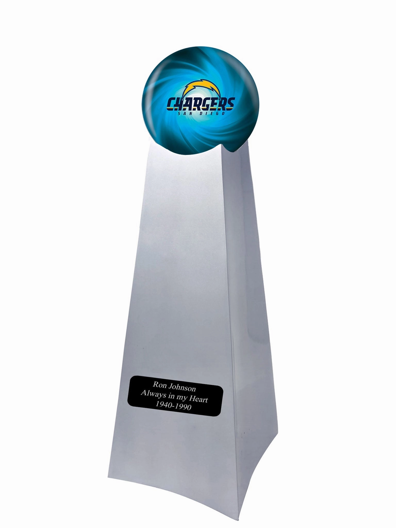 Championship Trophy Cremation Urn with Optional Los Angeles Chargers Ball Decor and Custom Metal Plaque