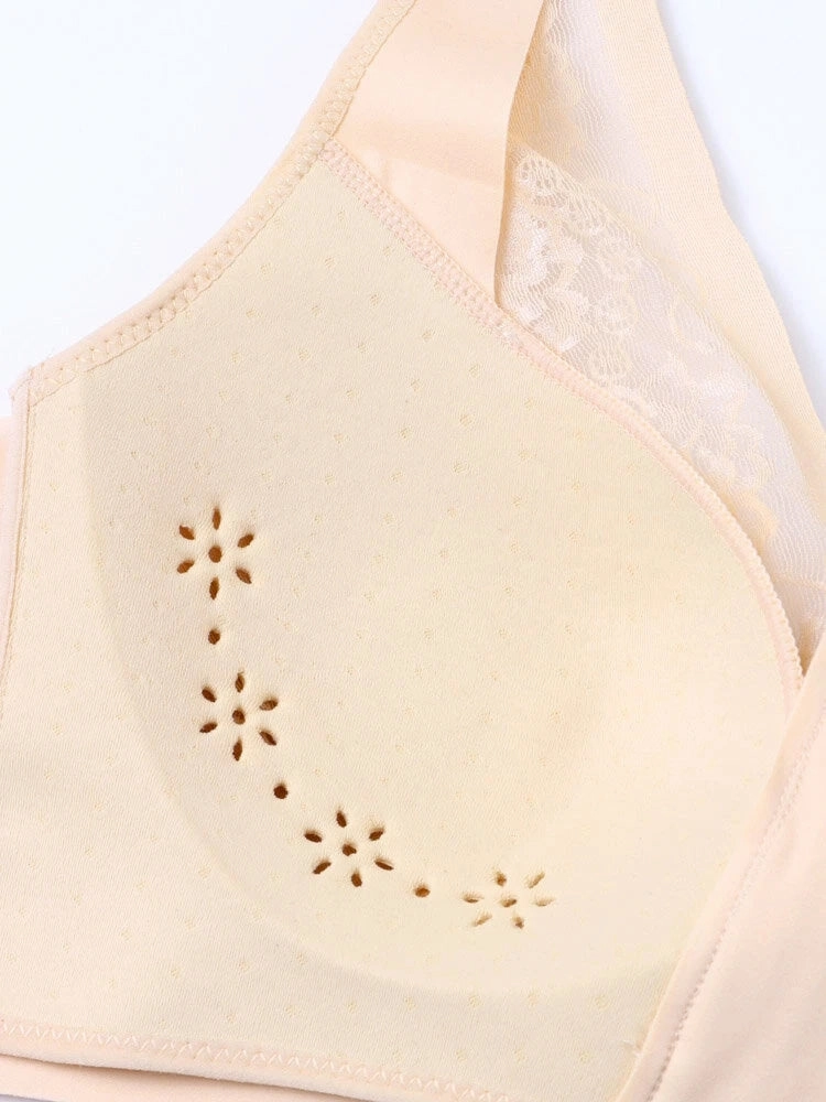 Flower Lace Trim Wireless Zipper Front Bra