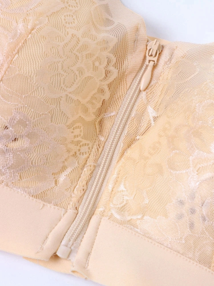 Flower Lace Trim Wireless Zipper Front Bra