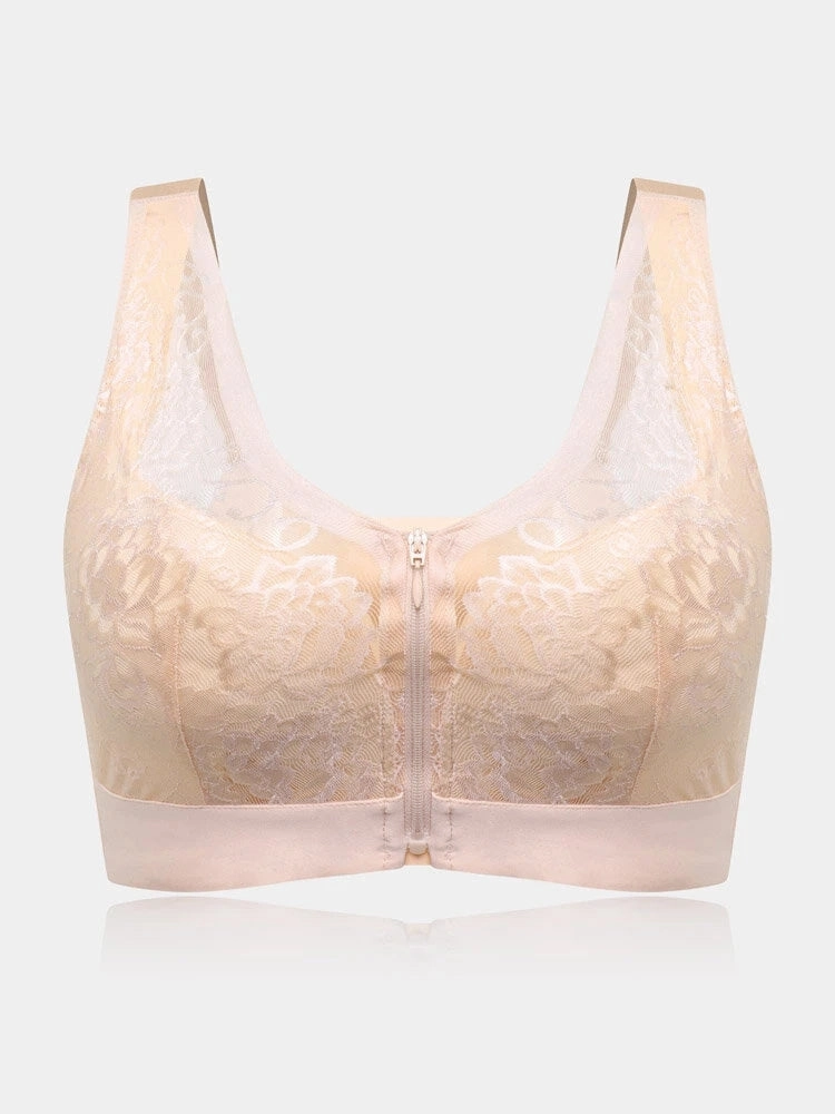 Flower Lace Trim Wireless Zipper Front Bra