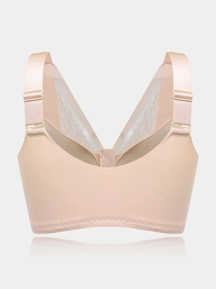 Flower Lace Trim Wireless Zipper Front Bra