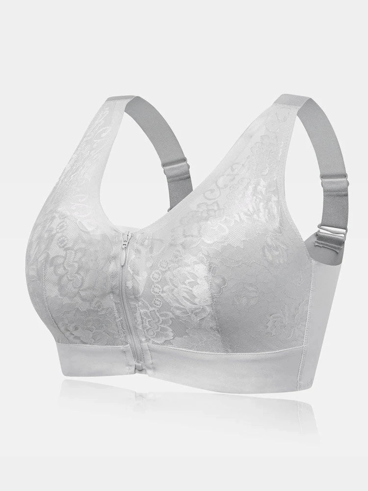 Flower Lace Trim Wireless Zipper Front Bra
