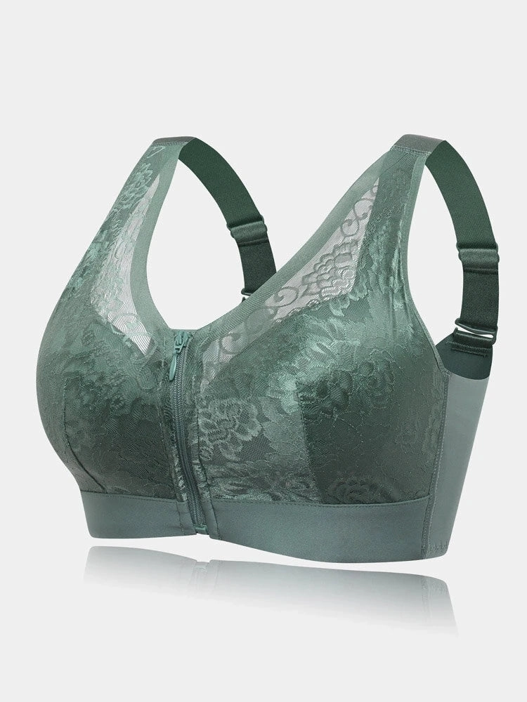 Flower Lace Trim Wireless Zipper Front Bra