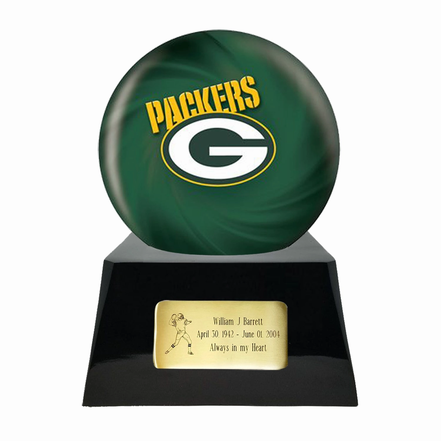 Football Cremation Urn with Optional Greenbay Packers Ball Decor and Custom Metal Plaque