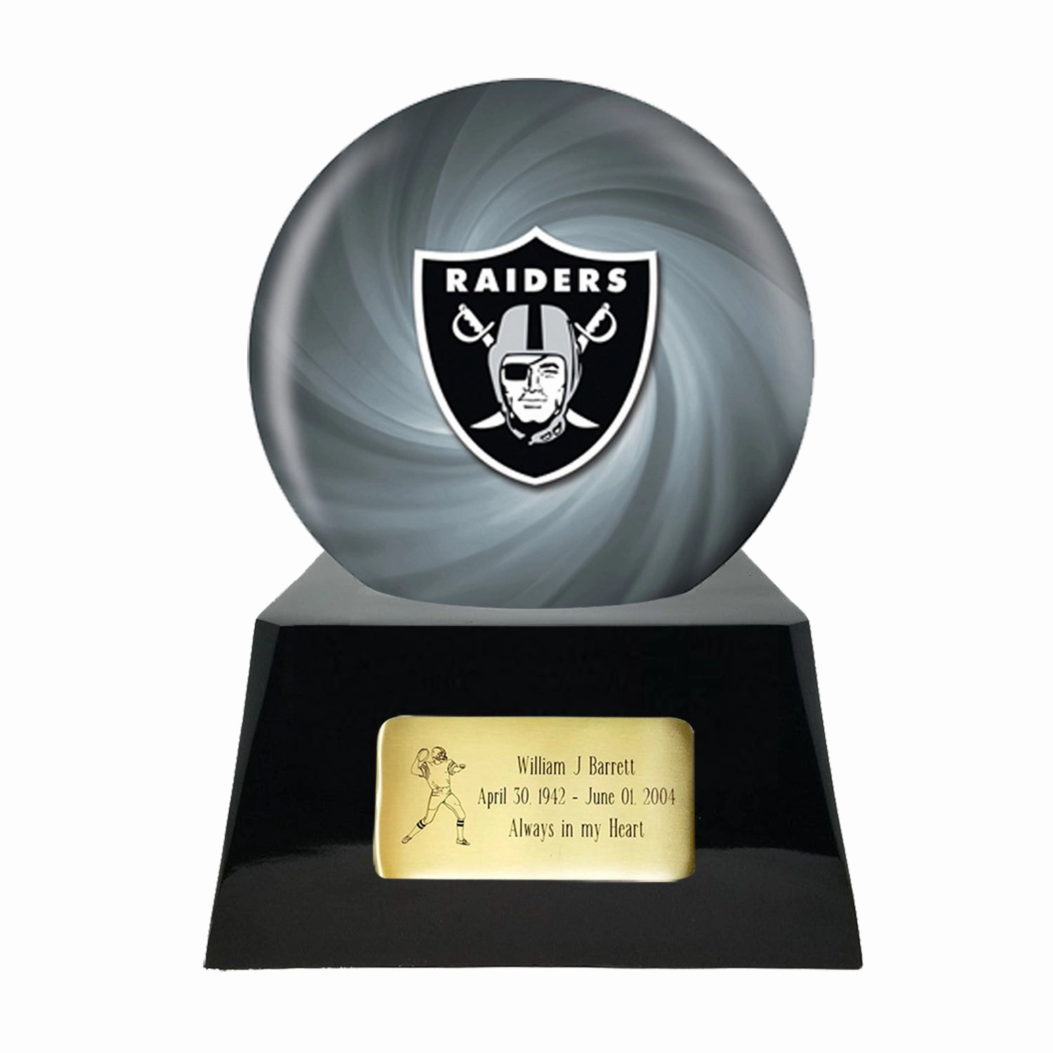 Football Cremation Urn with Optional Las Vegas Raiders Ball Decor and Custom Metal Plaque