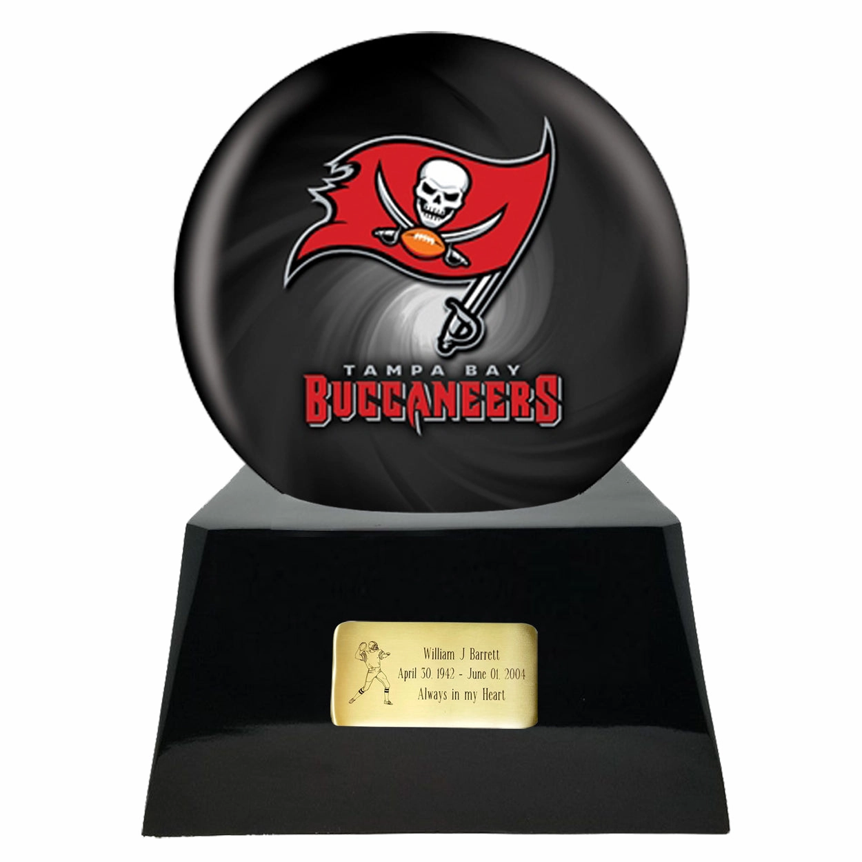 Football Cremation Urn with Optional Tampa Bay Buccaneers Ball Decor and Custom Metal Plaque