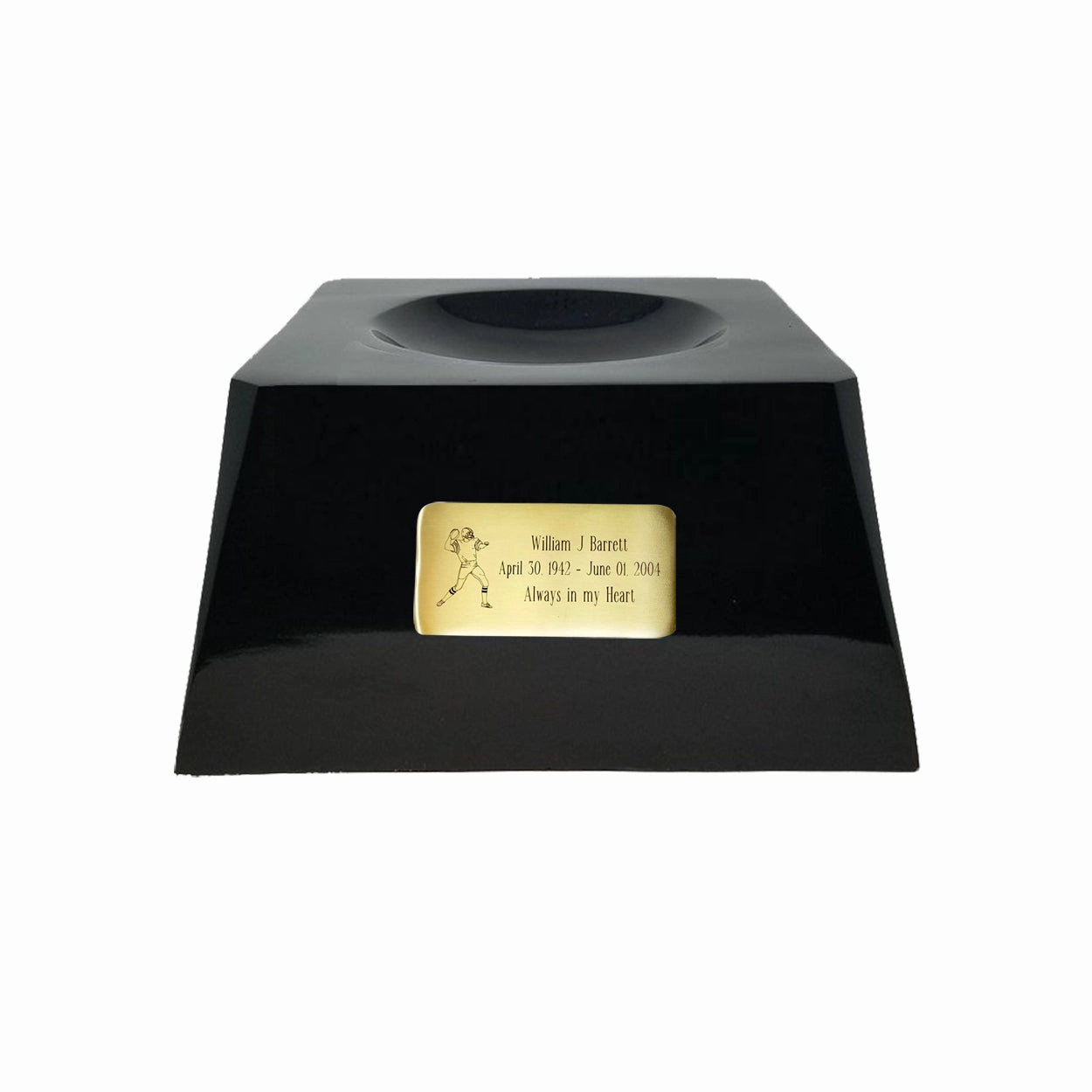 Football Cremation Urn with Optional Tampa Bay Buccaneers Ball Decor and Custom Metal Plaque