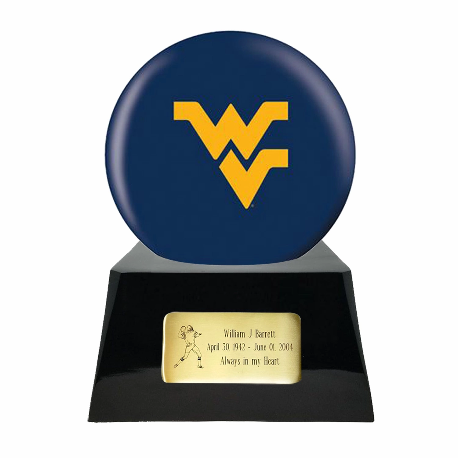 Football Cremation Urn with Optional WVU Mountaineers Ball Decor and Custom Metal Plaque