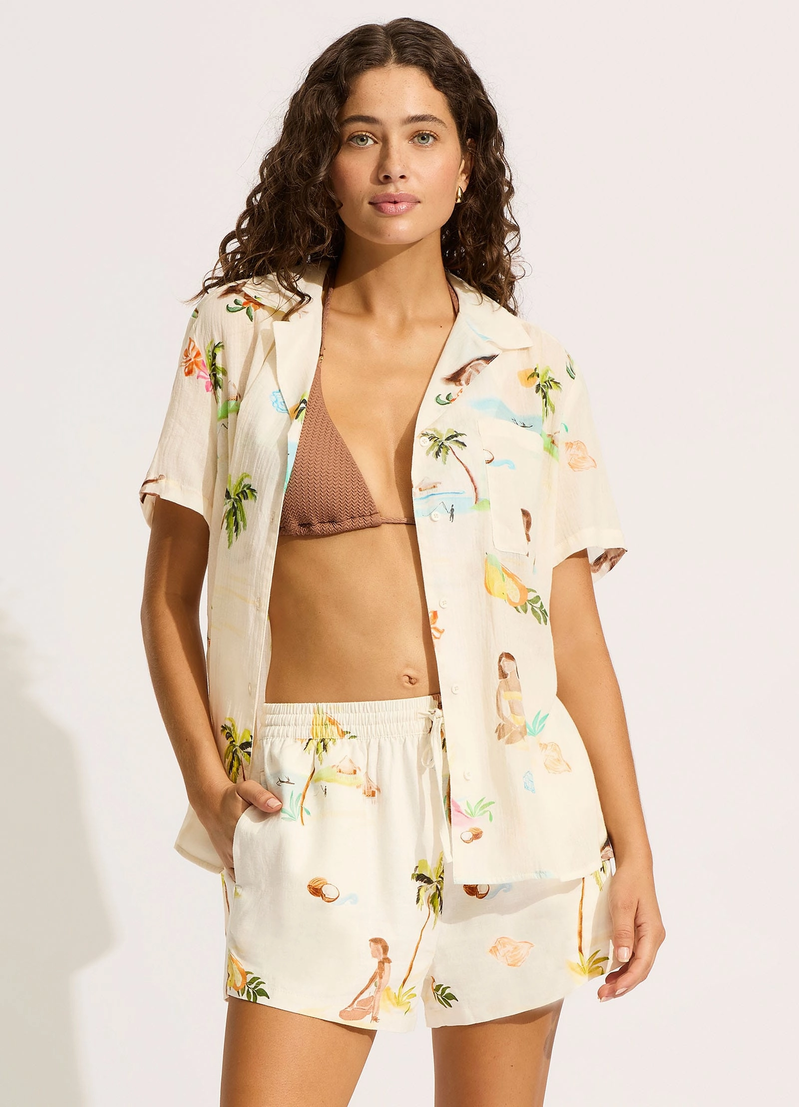 Isla Palm Longline Short Sleeve Shirt - Ecru