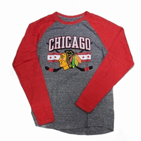 Men's Chicago Blackhawks Stars and Sticks Gray/Red Raglan Tri-Blend Long Sleeve T-Shirt