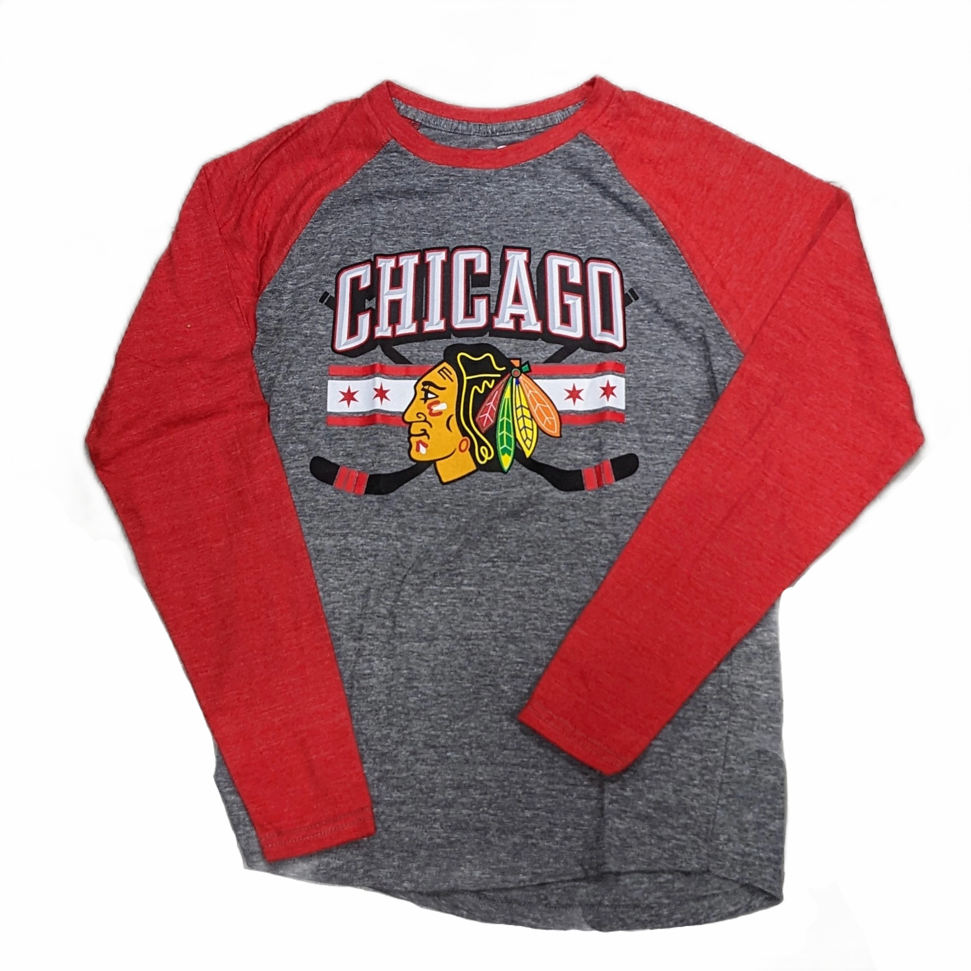 Men's Chicago Blackhawks Stars and Sticks Gray/Red Raglan Tri-Blend Long Sleeve T-Shirt
