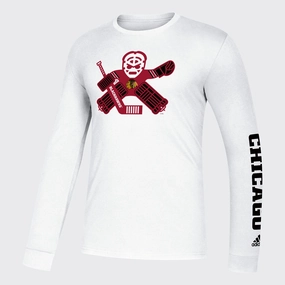 Men's Chicago Blackhawks White Line 6 Goalie Amplifier Long Sleeve Tee